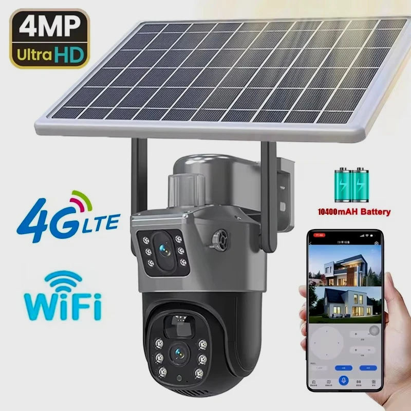 

4MP Wireless PTZ Solar Camera Dual Lens Dual Screen Outdoor IP Camera Solar Panel Audio Security Surveillance Camera