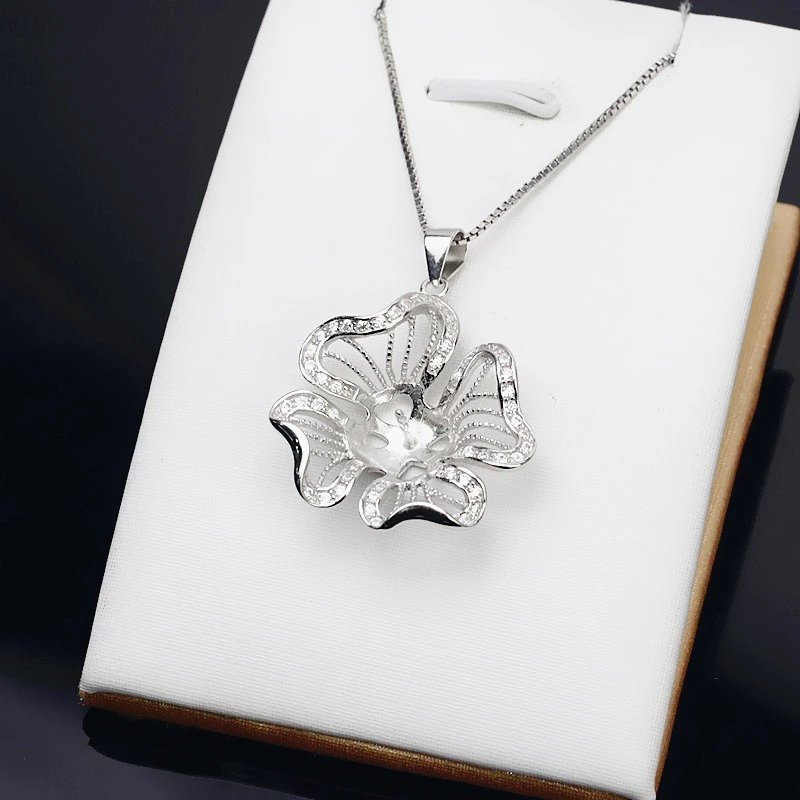Vintage Sterling Silver Flower Semi Mount Pendant Setting Without Stones 12-14mm Pearl Mounting Holder for Jewelry Making 817
