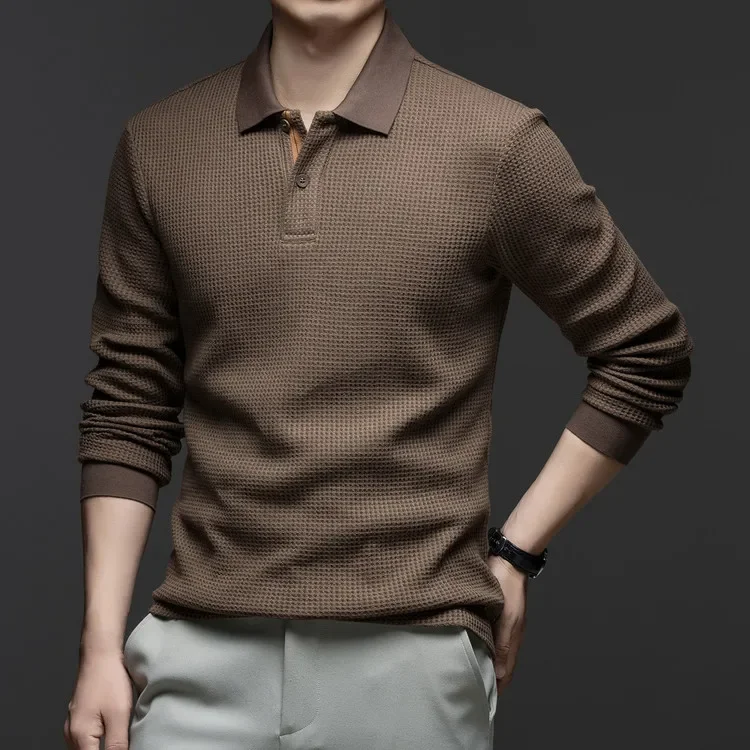 Langarm-Poloshirt aus Waffelstrick – Weiche Baumwollmischung, Slim Fit, Lässiges Business-Oberteil für Herbst und Winter, Mehrfarbig – Detail 25