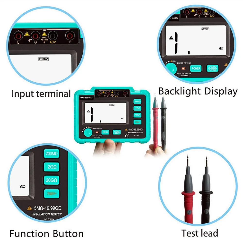 VC60B+ Digital Insulation Tester 0.1MΩ~2000MΩ MegOhm Meter 250V/500V1000V High Voltage Short Circuit Input Alarm Megohmmeter