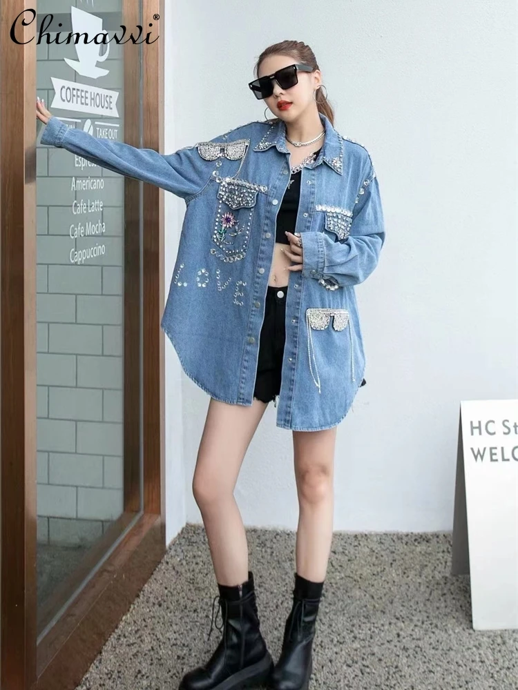 

Fashion Heavy Industry Mid-Length Diamond Beaded Loose Denim Jacket 2024 Spring and Autumn New Fashion Long Sleeve Jean Coats