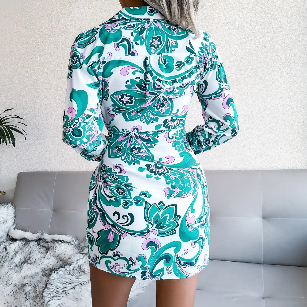 Ficusrong Autumn Winter Women Print Bandage Shirt Dress V Neck Full Sleeve Chiffon Floral Short Hip Dresses