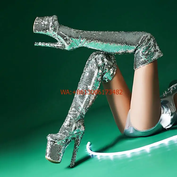 Women Pole Dancing Super High Heel Boots Sexy High Stiletto Sequins Over-The-Knee Boots High Platform Thigh High Boots Plus Size
