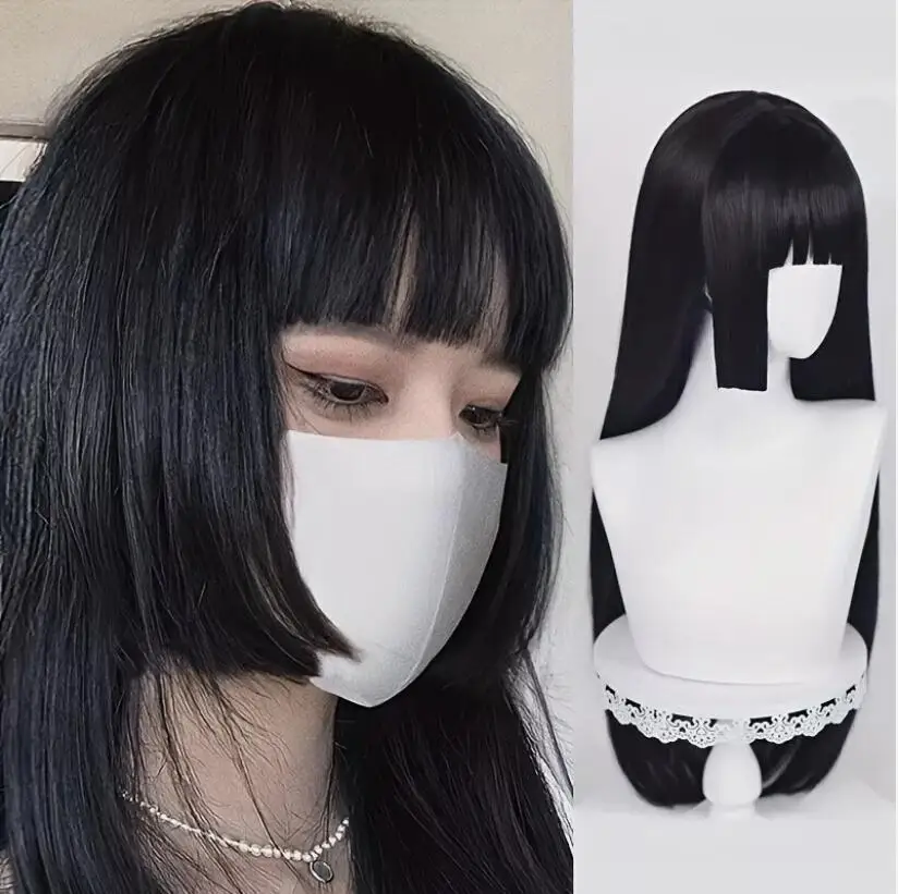 Princess Cut Black Wig com Flirty Bangs para mulheres, cabelo sintético realista