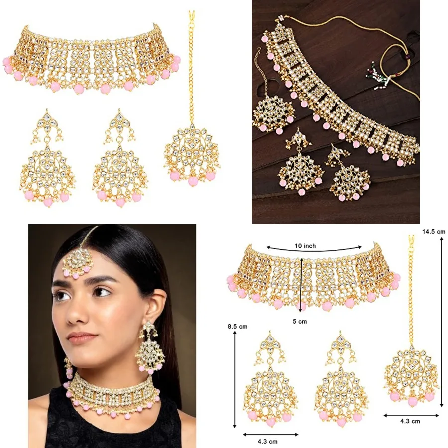 

Aheli Elegant Indian Faux Kundan Studded Choker Necklace with Maang Tikka Set Ethnic Wedding Wear Bharatanatyam jewellery set G