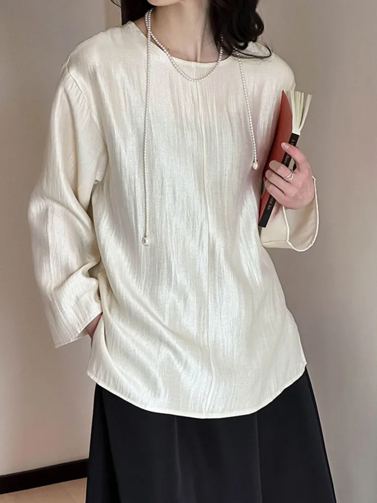 Office Lady Pullover Shirt Women Solid O Neck Long Sleeves Minimalist Clothing Female Blouse 2024 Autumn New