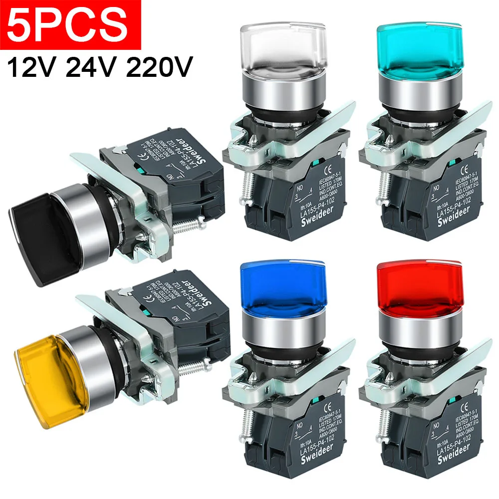

5pcs XB4 Knob Switch with LED 22mm 2/3Position Self Locking Select Rotary Switch with Light 12V 24V 220V 10A 1NO 2NO 1NO 1NC