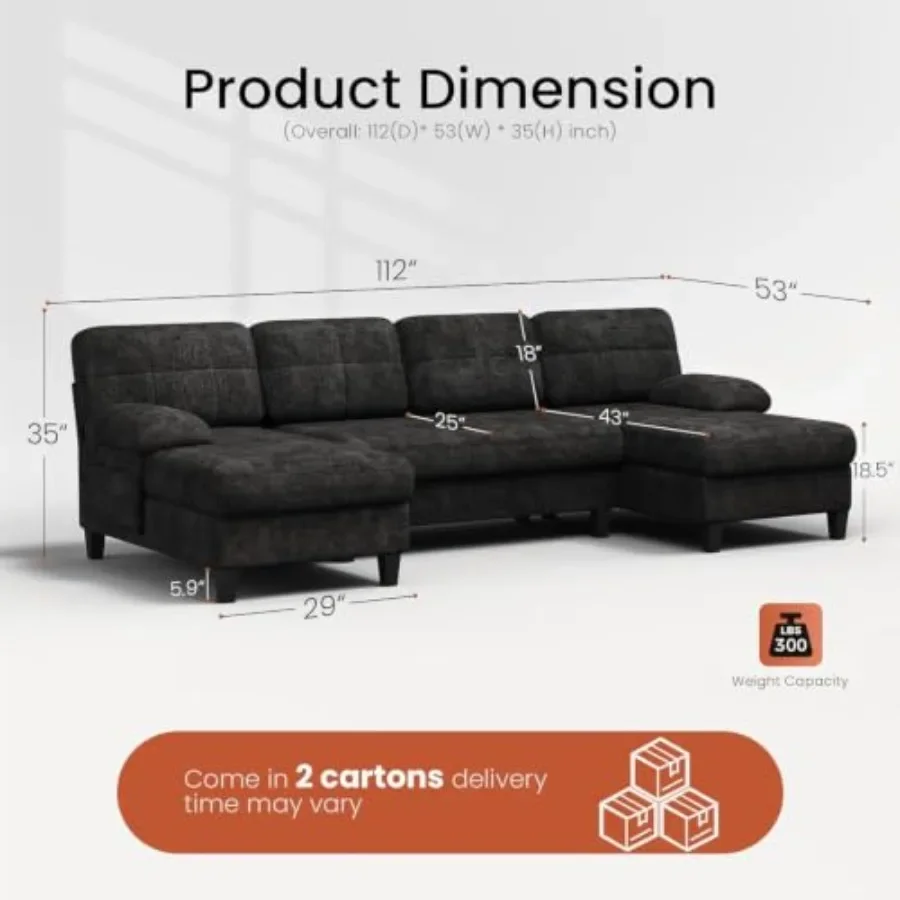 U-Shaped Sectional Couch for Living Room, 112 Sectional Sofa in Premium Fabric, Gray, Modular Design with Reversible Chaise