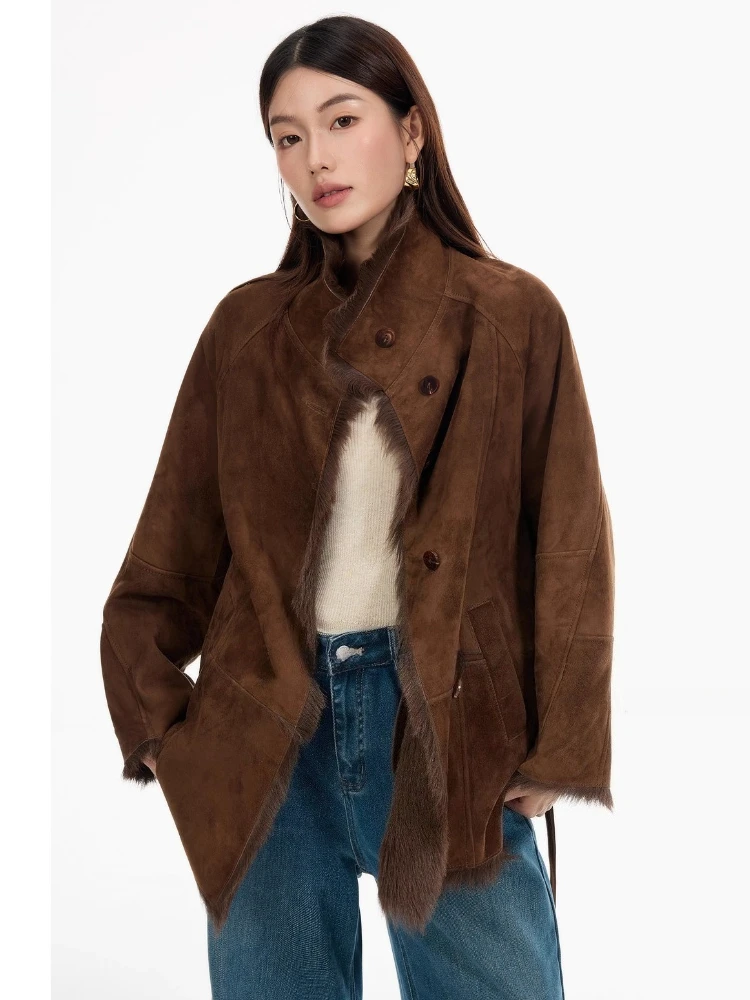 Luksusowe kurtki damskie zamszowe z owczej skóry Toskania, eleganckie, ze stójką, średniej długości, z prawdziwej skóry naturalnej z futrem i paskiem.