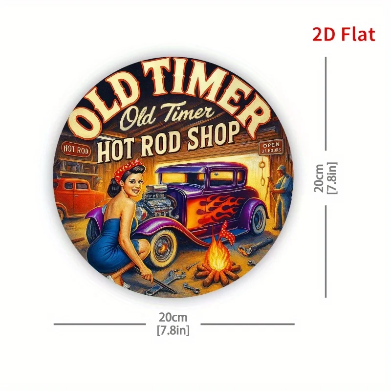 Retro Hot Rod Metal Wall Art - Vintage Hot Rod with Flame Pattern Garage Sign, 20x20cm/7.8x7.8in/Outdoor Automotive Art Decor