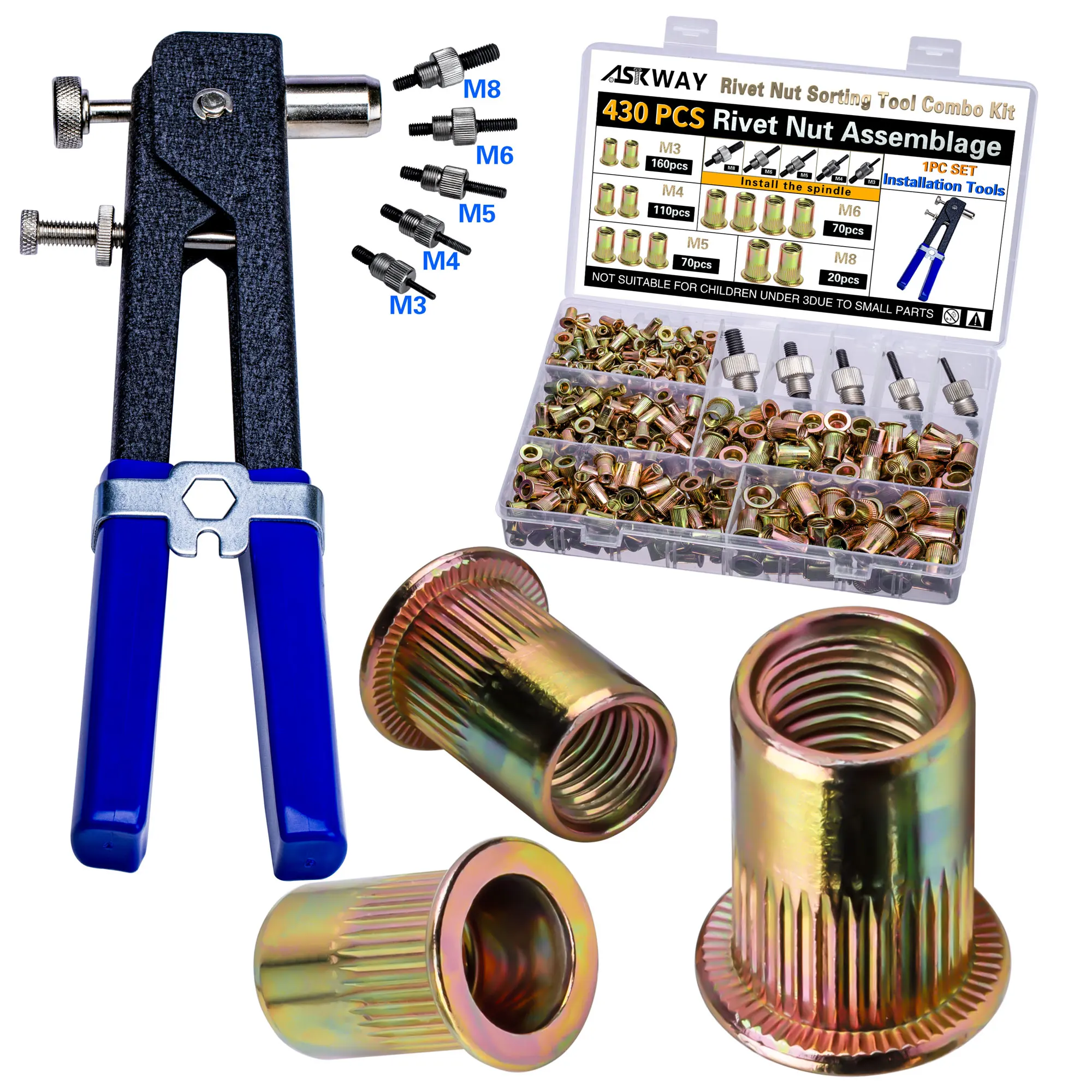 

Rivet Nut Tool Combination Kit, 430 Pieces of Carbon Steel Flat Head Rivet Nuts Threaded Insert Nuts, 1 Installation Tool, Suitable for Automotive Repair, Metal Doors and Windows, Household Appliances and Industrial Applications