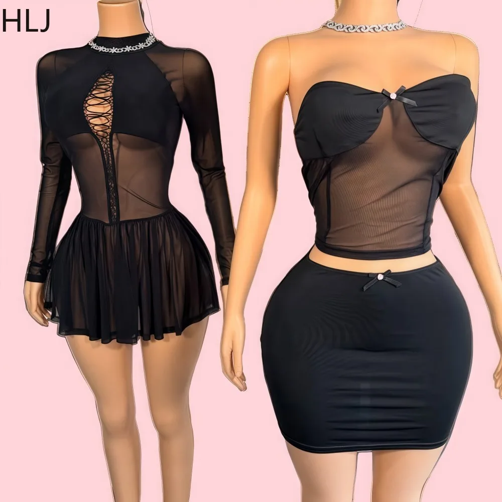 

HLJ Sexy Mesh Mini Dress Women Black See Through Bandage Patchwork Bodycon Dresses Trend Stretch Midnight Party Club Vestidos