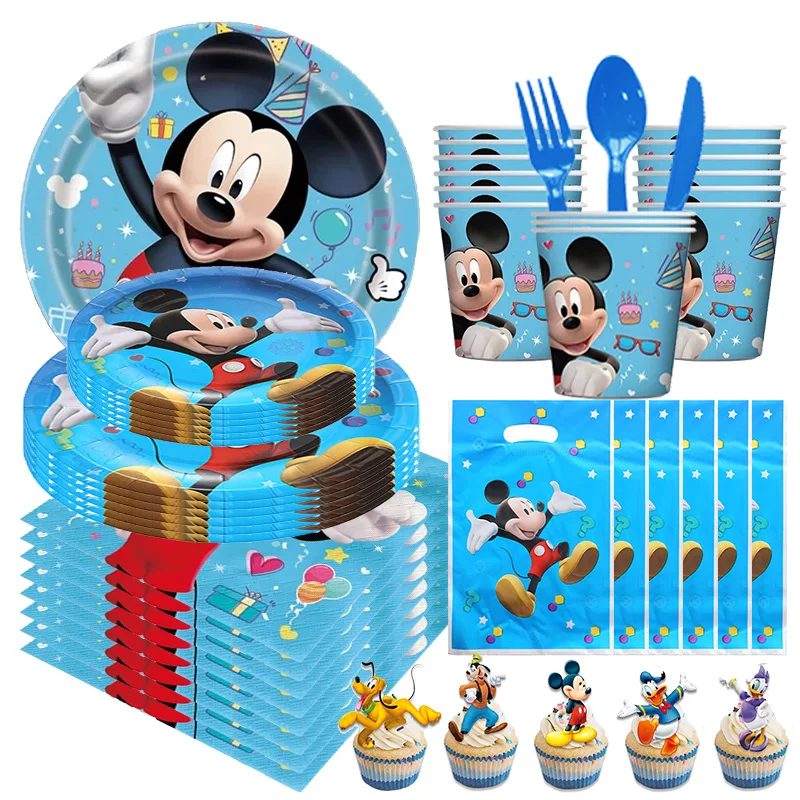 Juego de decoración de cumpleaños de Mickey Mouse azul, vajilla, plato, tazas, servilleta, mantel, globo para niños, suministros de fiesta de cumpleaños