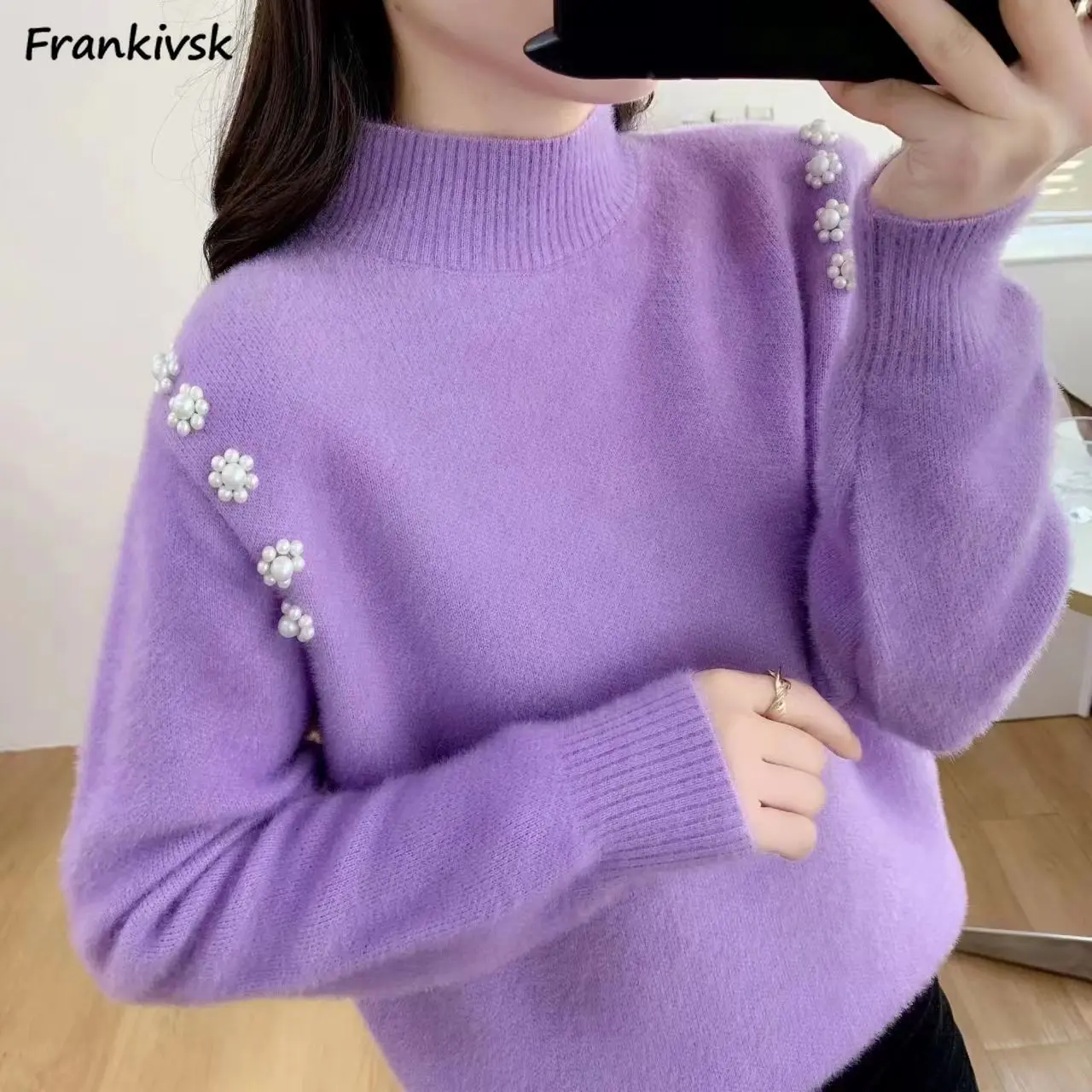 

4 Color Mock Neck Sweaters Women Autumn Simple Chic Korean Style Appliques Design Personality Solid Knitwear Classic Pullovers