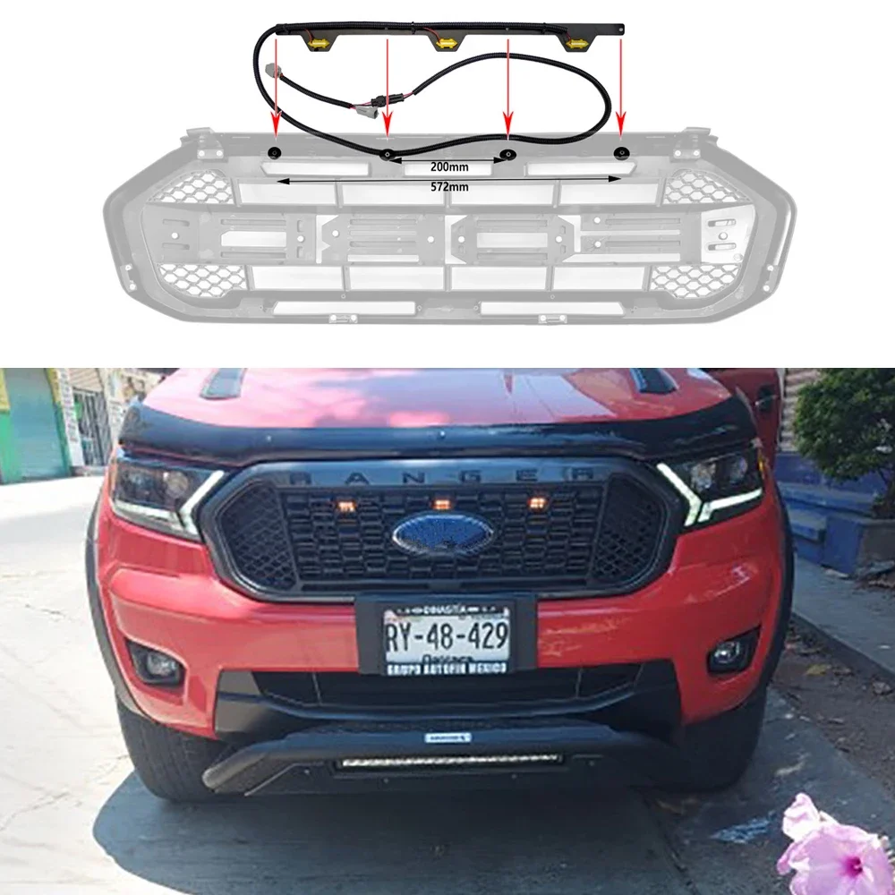 Amber LED Light Bar Raptor Style 3 LED Grille Light Kit For Ford Ranger 2019-2022 Raptor Grilles 19RR Plug and Play