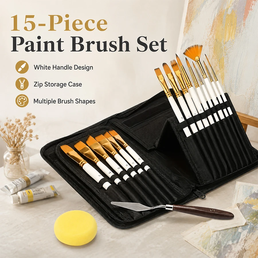 15-Piece Artist Paintbrush Set with Zippered Storage Box Nylon Brushes for Oil Acrylic Watercolor Painting Suitable for Beginner