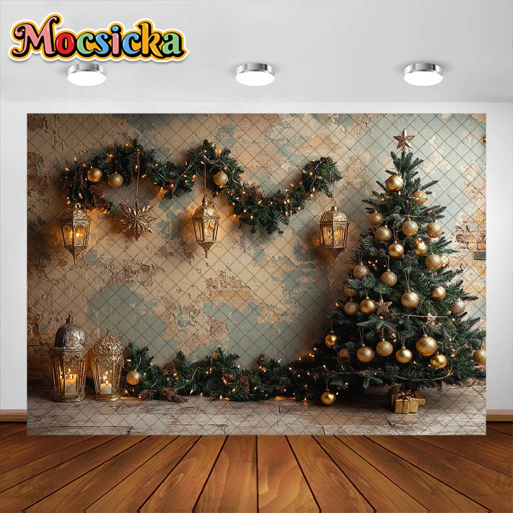 Properti Studio latar belakang fotografi Natal, karangan bunga Natal emas, dekorasi malam, properti Studio foto potret liburan untuk anak-anak