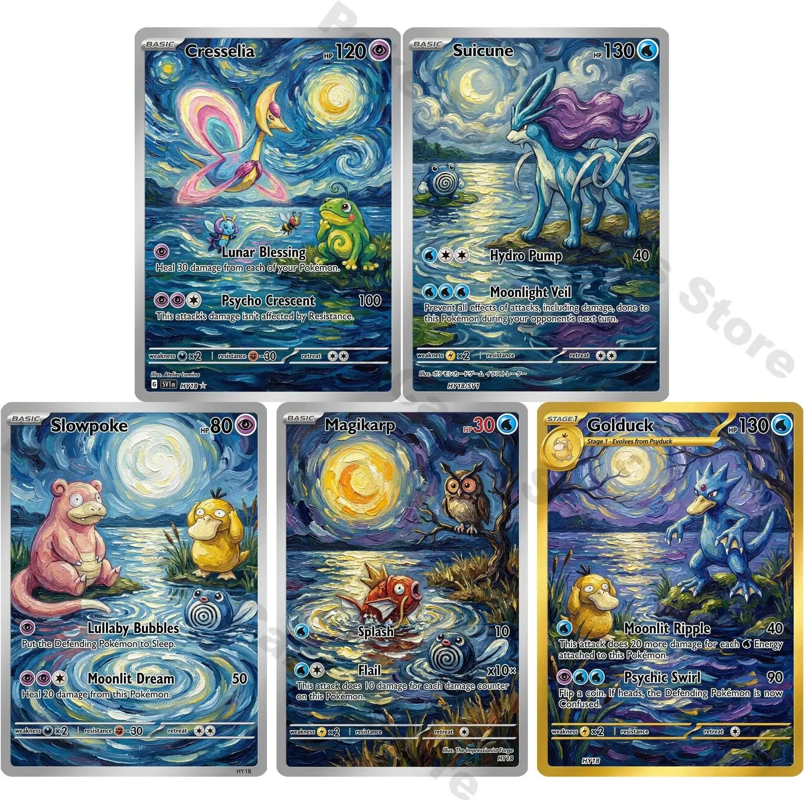 PTCG Cards PTCG Oil Painting Style Cresselia Suicune Slowpoke Magikarp Golduck Collection Cards Rare Cards Set PTCG Gift