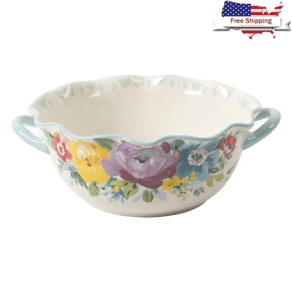 

Sweet Romance Blossom Serving Bowl with Handles Scalloped Edge Microwave Dishwasher Safe Large Ceramic Bowl Decorative Kitchen