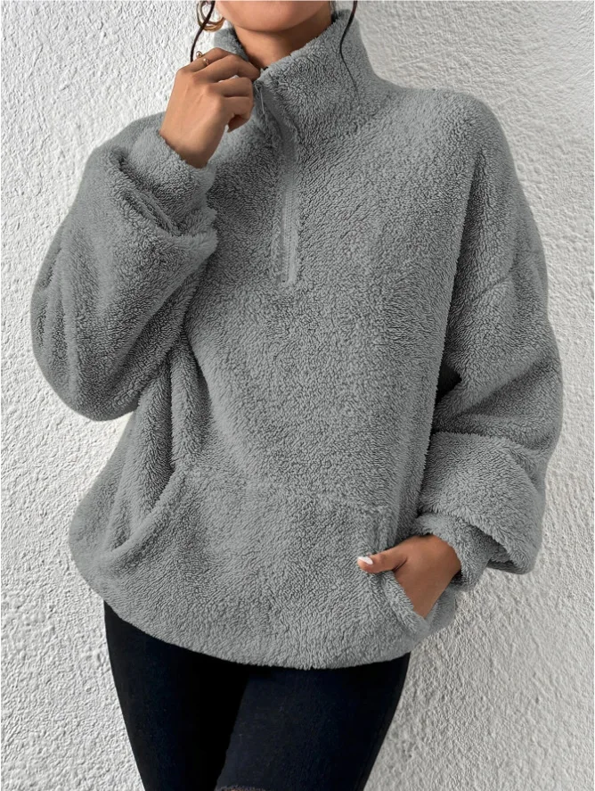 2026 Herbst Winter Mode Damen Samt-Hoodie Einfarbig Verdickter Plüsch-Pullover mit Großer Tasche Warmer Langarm-Damen-Sweatshirt – Detail 12