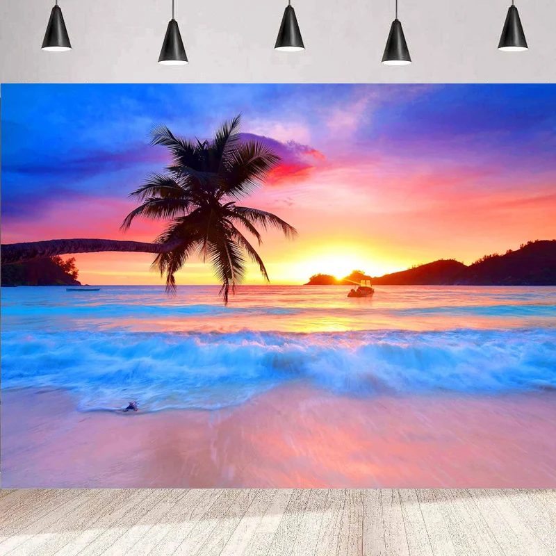 Beach Photography Backdrop Seaside Palm Tree Sunset Vacation Photo Background Home Party Backdrop Wall Poster Banner Decor