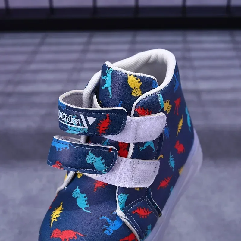 Children\'s High Top Sneakers 2024 New LED Lighted PU Kids Shoes Fashion Dinosaur Print Boys Casual Shoes Luminous Board Shoes