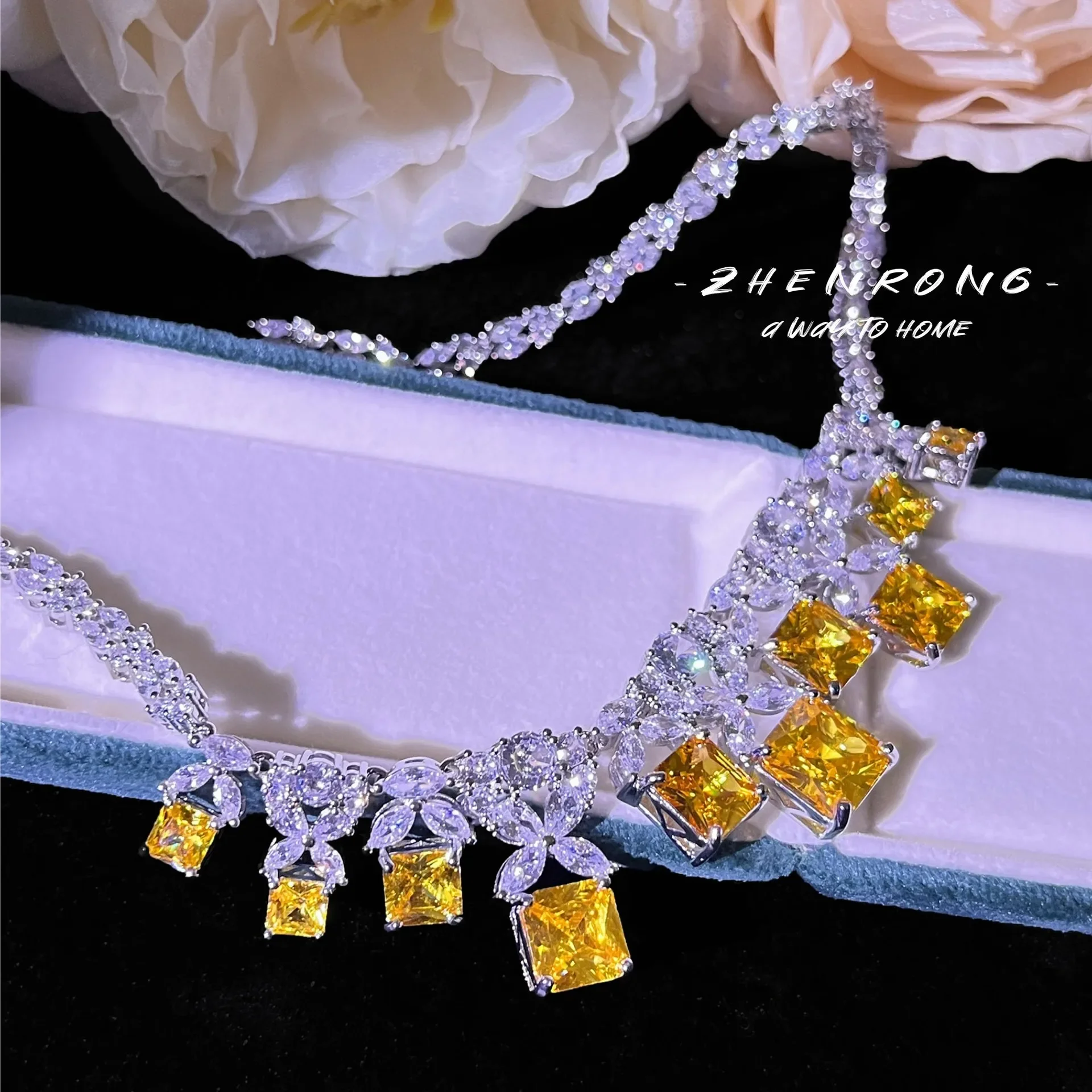 S925 Sterling Silber Halskette Luxus Diamant Abendhalskette Set Kette für Damen – Detail 4