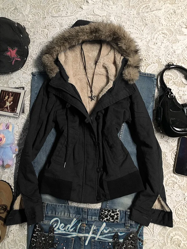 Jaet con capucha de piel de cordero azul Original para mujer, abrigo Retro Sle de invierno, Top cálido de mezcla de algodón, corte recto, cremallera larga