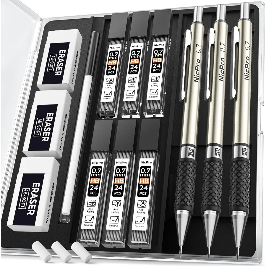 

0.7 mm Art Mechanical Pencil Set in Storage Case 3 PCS Metal Drafting Pencil Lead Pencil with 6 Tube HB Lead Refills 3 Erasers