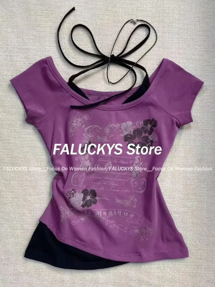 Letnie seksowne bluzki damskie z jednym ramieniem w stylu Y2K vintage, streetwear, casualowe koszulki z nadrukiem z lat 2000, koreańska moda, punkowe crop topy, lato 2024. — zdjęcie 6