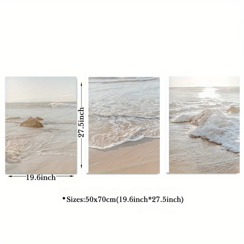 Frameless3pcs Bohemian Neutral Beige Beach Coastal Canvas Wall Art Prints - Ocean Posters, Modern Sunset Seascape Decor, Framele
