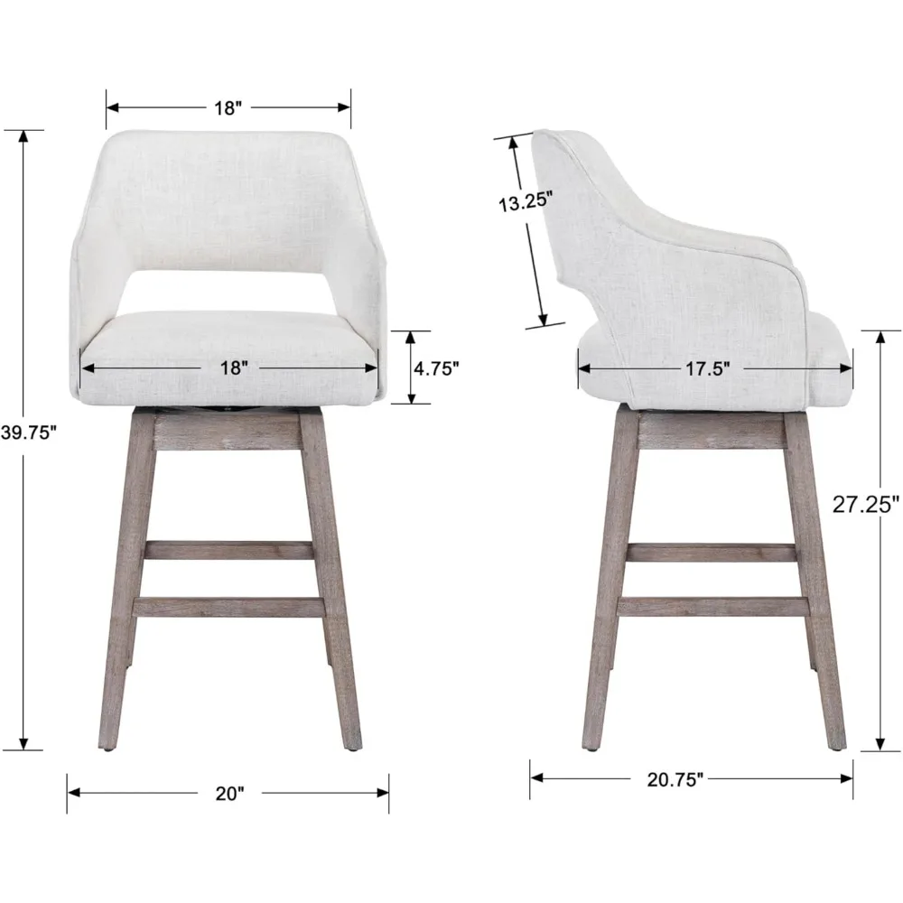 27-in Counter Height Swivel Barstools Set of 2, Linen Fabric 5-Inch Upholstered Bar Chair with High Back and Solid Wood