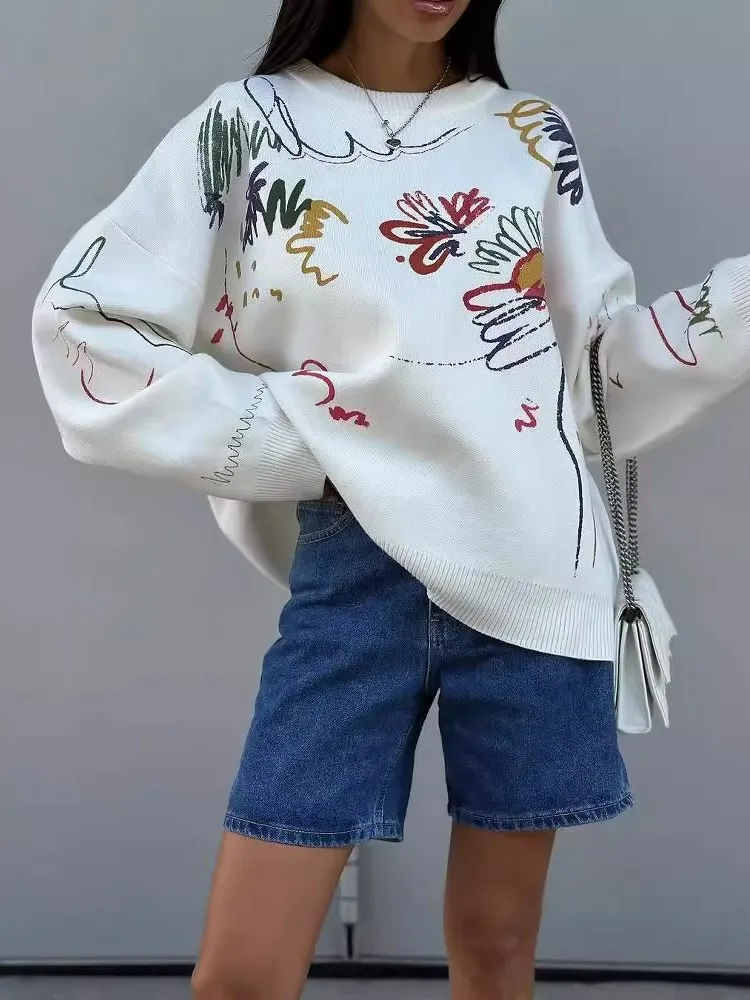 

Fashion Knit Jacquard Sweater For Women 2025 New Autumn Winter Casual Loose Round Neck Long Sleeve Pullover Top White Knitwear