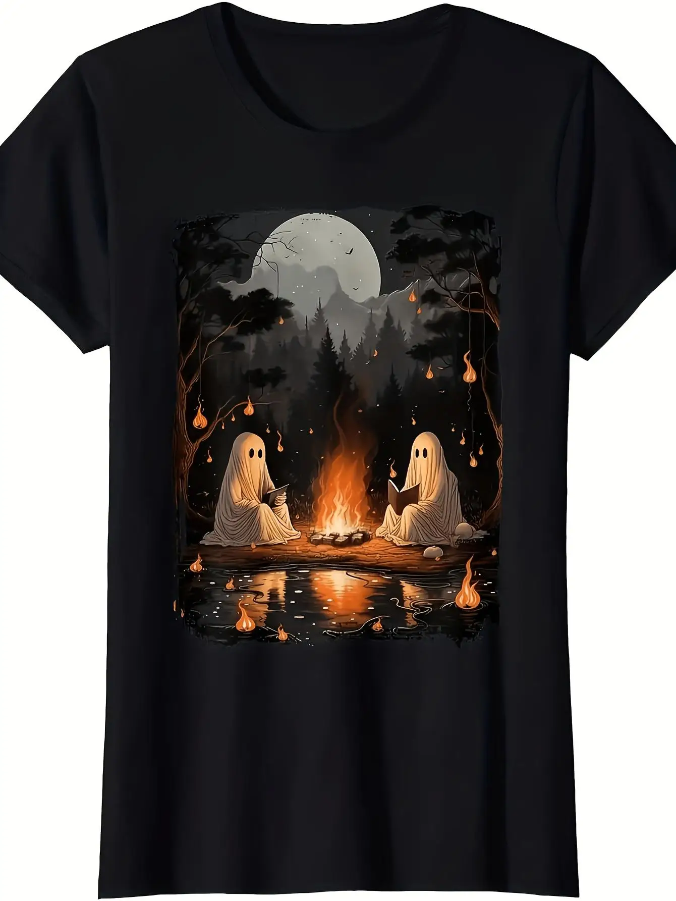 MEN'S PLUS SIZEMen'S Plus Size Halloween Tee Long Ghost Bonfire Retro Gothic Horror Theme Costume Party Casual Top Soft Stretch Crew Neck Shirt
