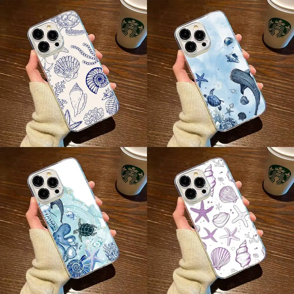 

Seashell Marine Life Artwork Phone Case For iPhone17,16,15,14,13,12,11 Plus,Pro Max Soft Transparent Cover