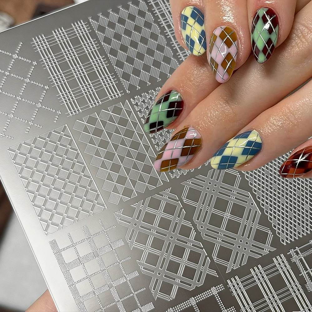 1pcs Retro Rhombic Plaid Nail Stamping Plate Irregular Plaid Checkered Stainless Steel Nail Stencil Vintage Lattice Manicure Too