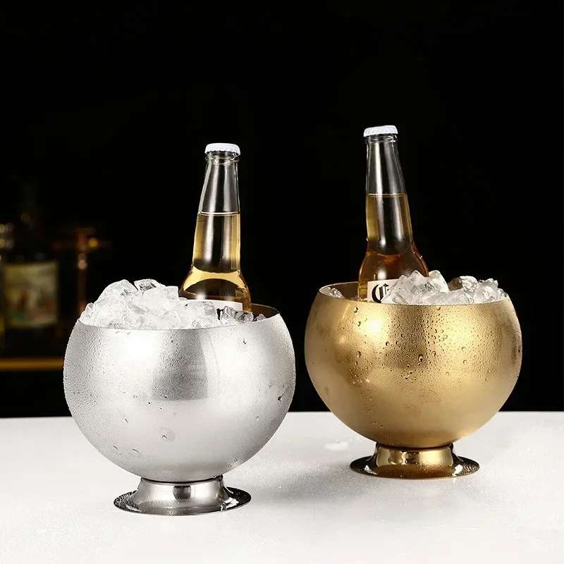 Cubo de hielo redondo grueso de acero inoxidable para el hogar, KTV, Bar, vino, cerveza, cubo enfriador con Base, restaurante, fiesta, fabricante de hielo, cubo de cerveza