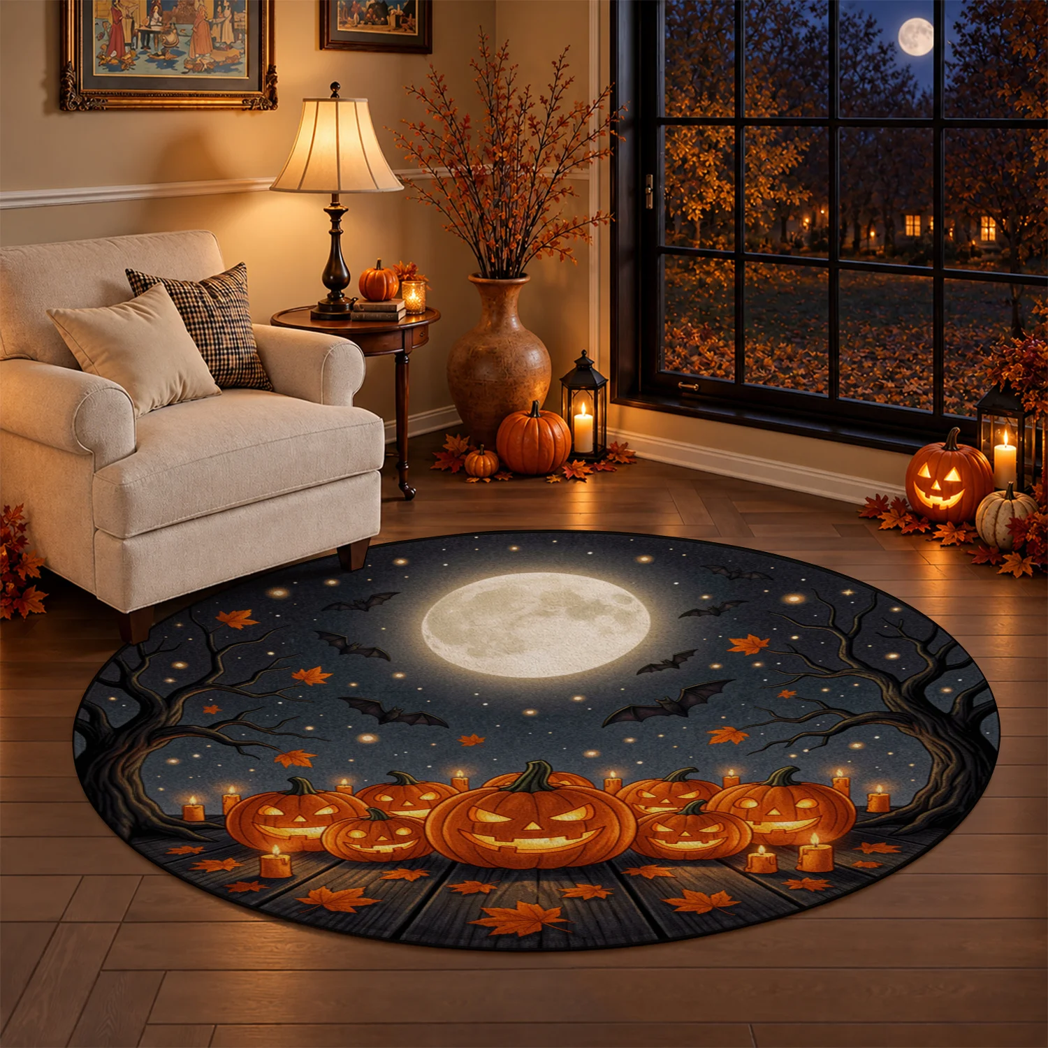 Halloween Full Moon Pumpkin Bat Maple Pattern Round Velvet Rug, Soft Machine Washable Rug for Living Room Bedroom Dining Room Entryway, Ideal for Halloween Thanksgiving Christmas New Year, Great for Black Friday Cyber Monday Home Decor