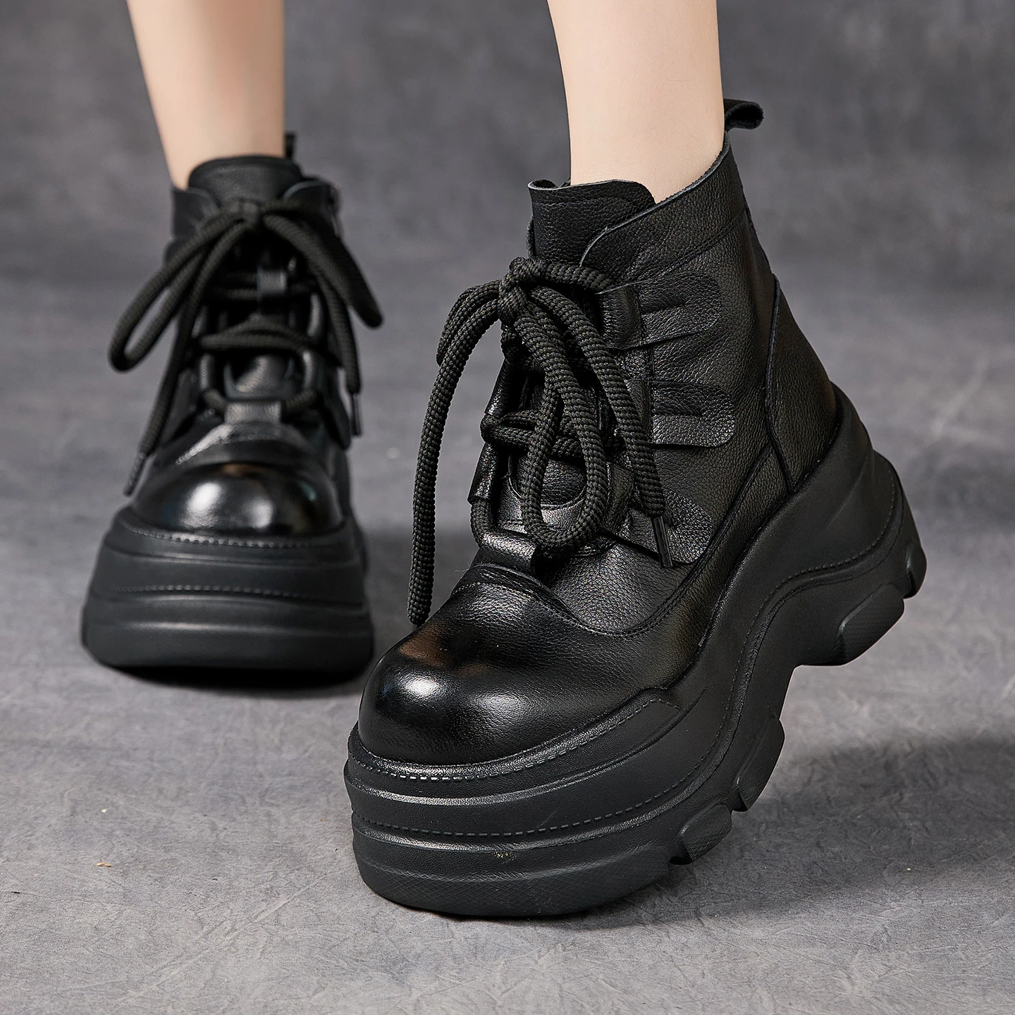 

GKTINOO Women Platform Boots Fashion Genuine Leather Shoes Side Zipper Height Increasing Winter Warm Ankle Boots Ladies Retro