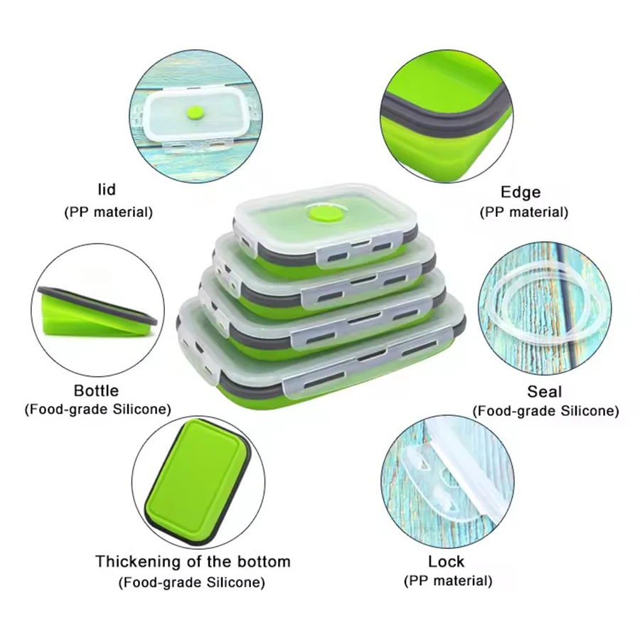 4 Pack Silicone Folding Lunch Box Food Storage Container With Lid Microwaveabl Outdoor Travel Bowl Leftover Meal Box For Kitchen