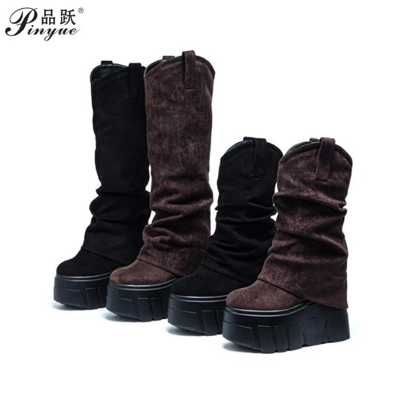 

Women Stretch Boots Short Ankle Boots for Knee High Platform Booties Wedge Heel Hidden Botas Autumn Winter 5 Inch 14cm SIZE 39