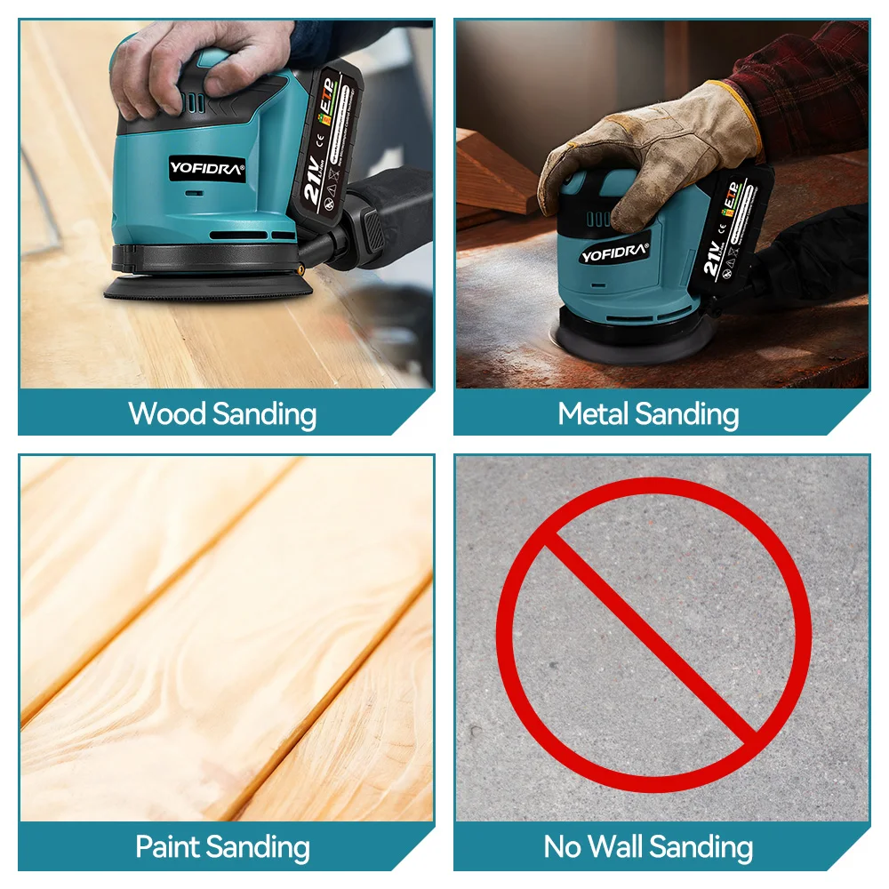 YOFIDRA 125 مللي متر ماكينة سنفرة مدارية كهربائية لاسلكية طحن الرملي آلة تلميع النجارة أداة السلطة لبطارية 21 فولت 18 فولت #6