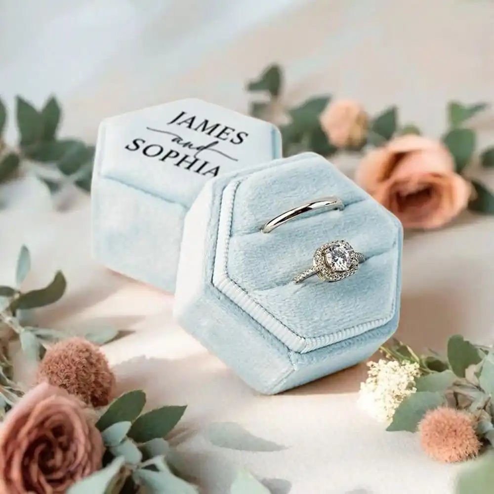 Custom Velvet Ring Box Personalised Gift on Wedding Engagement Decoration Double Slot Ring Bearer Box Small Hexagonal Box