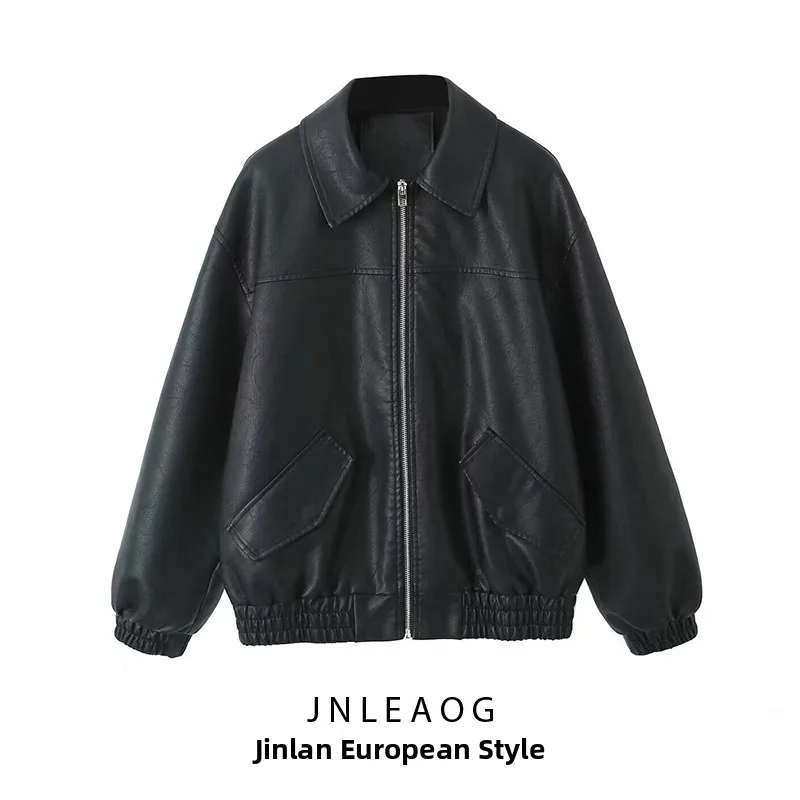 JNLEAOG Faion PU Waed Leather Jaet Autunno New Sle Loose Fit Lungo Sve Chiusura con cerniera Colore ort Cappotto