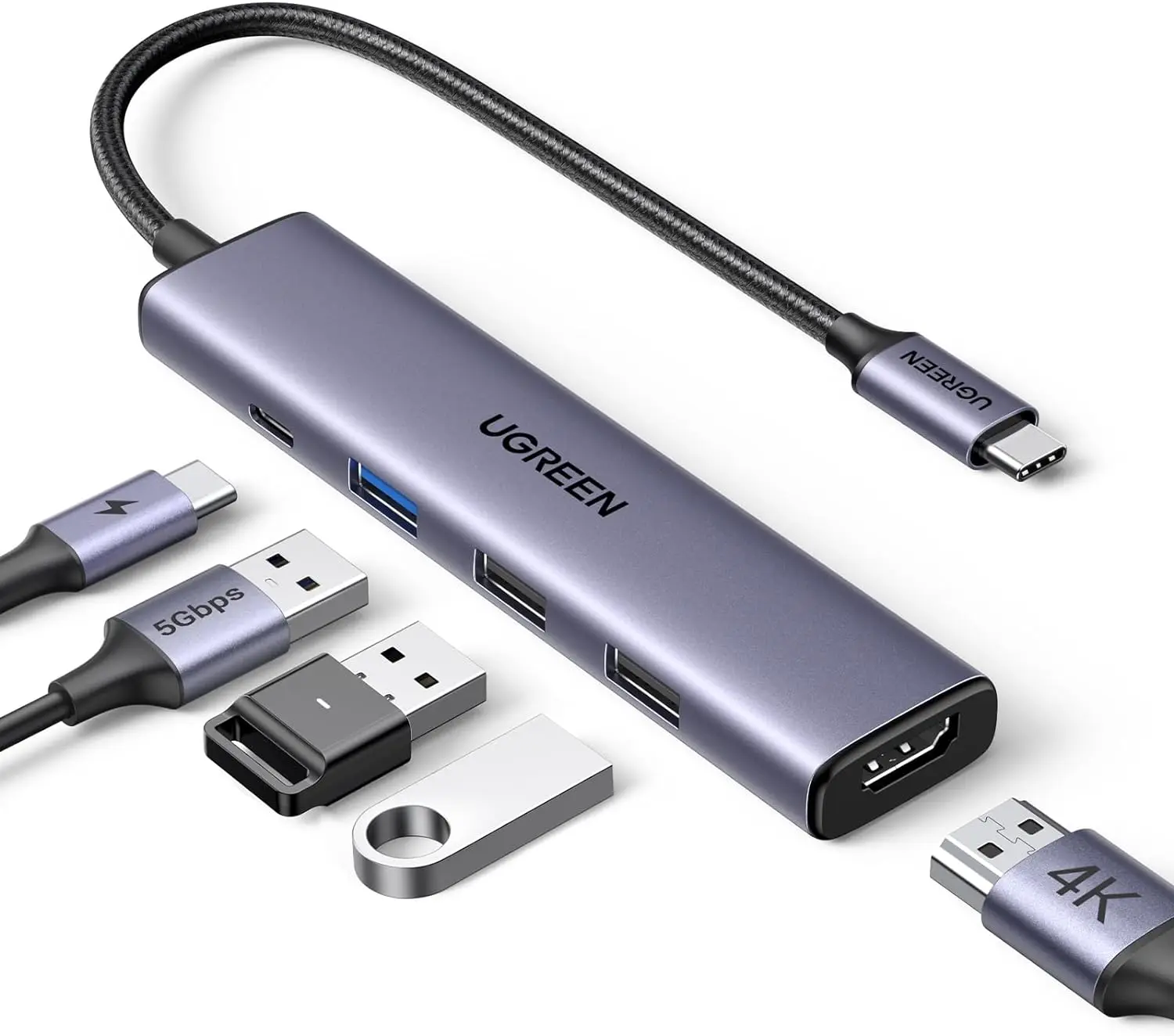 UGREEN Revodok 105 USB C Hub 5 in 1 Multiport Adapter 4K-HDMI, 100W Power Delivery, 3 USB-A Data Ports, USB C Dongle