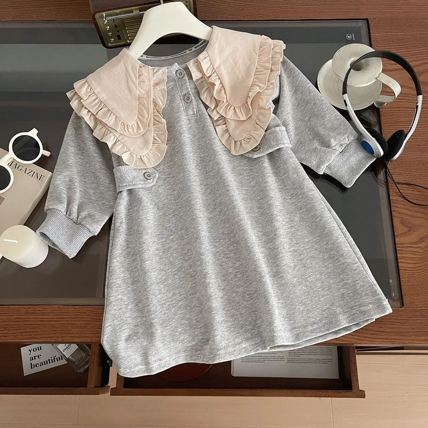 Girls' Double-layer Big Collar Solid Color Long Sleeved Casual Dress 2026 Spring and Autumn New Double Button Korean Skirt