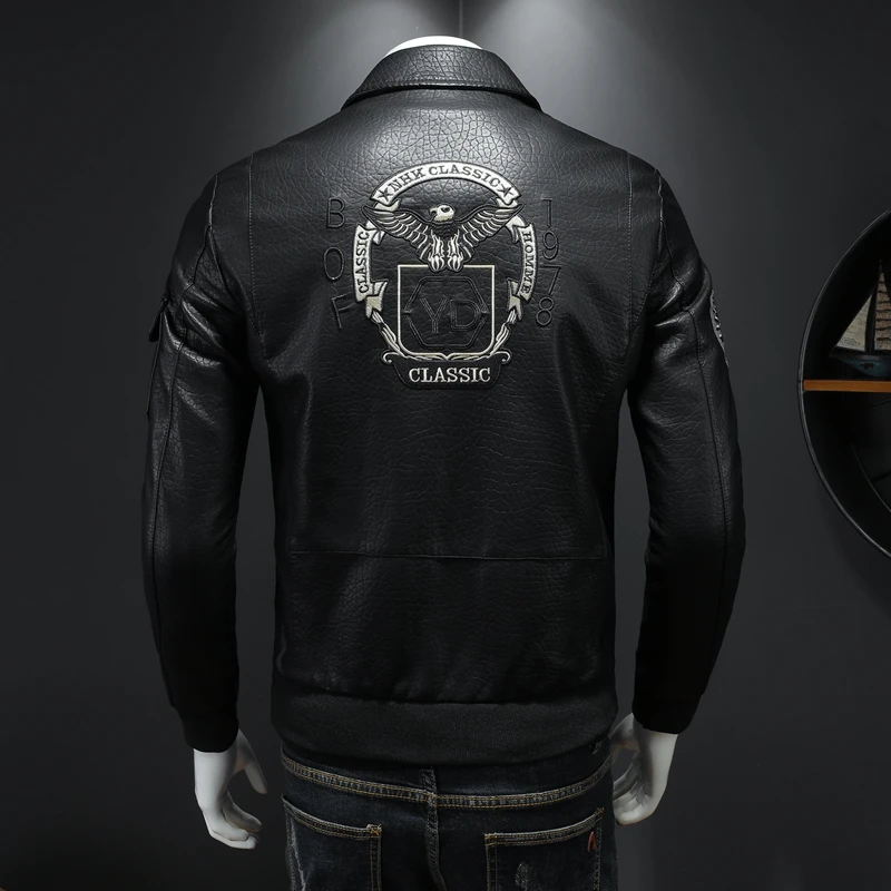 Spring new men\'s leather jacket motorcycle jacket young embroidered leather