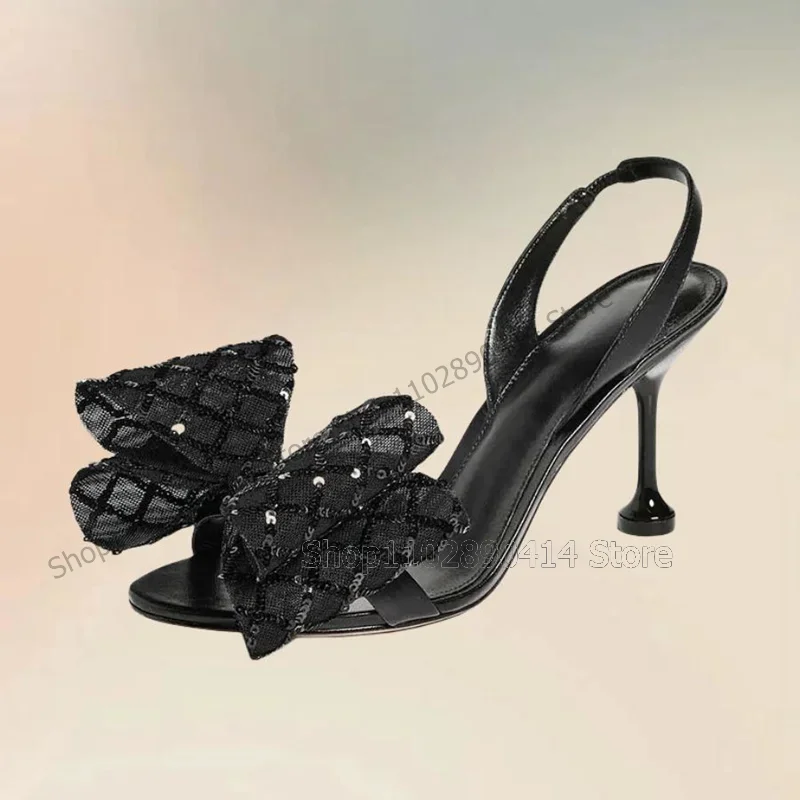 

Black Mesh Sequins Bow Knot Decor Open Toe Sandals Slip On Women Shoes Thin High Heels Fashion Banquet 2025 Zapatos Para Mujere