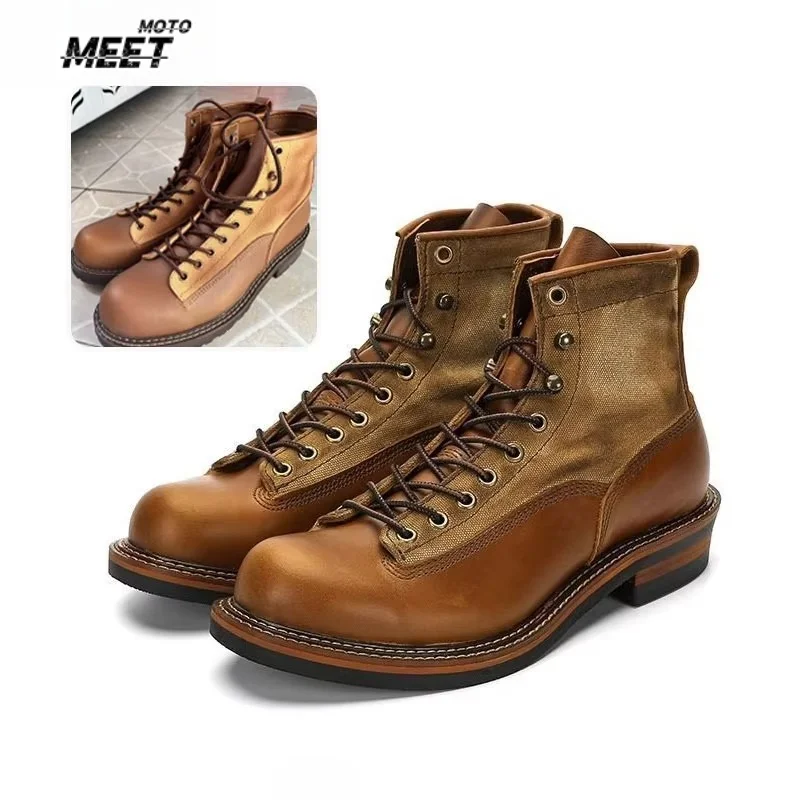 Retro Vintage Men's High Top Motorcycle Boots Waterproof Umbrella Soldier Boots Durable Worn in Work Boots knight torque