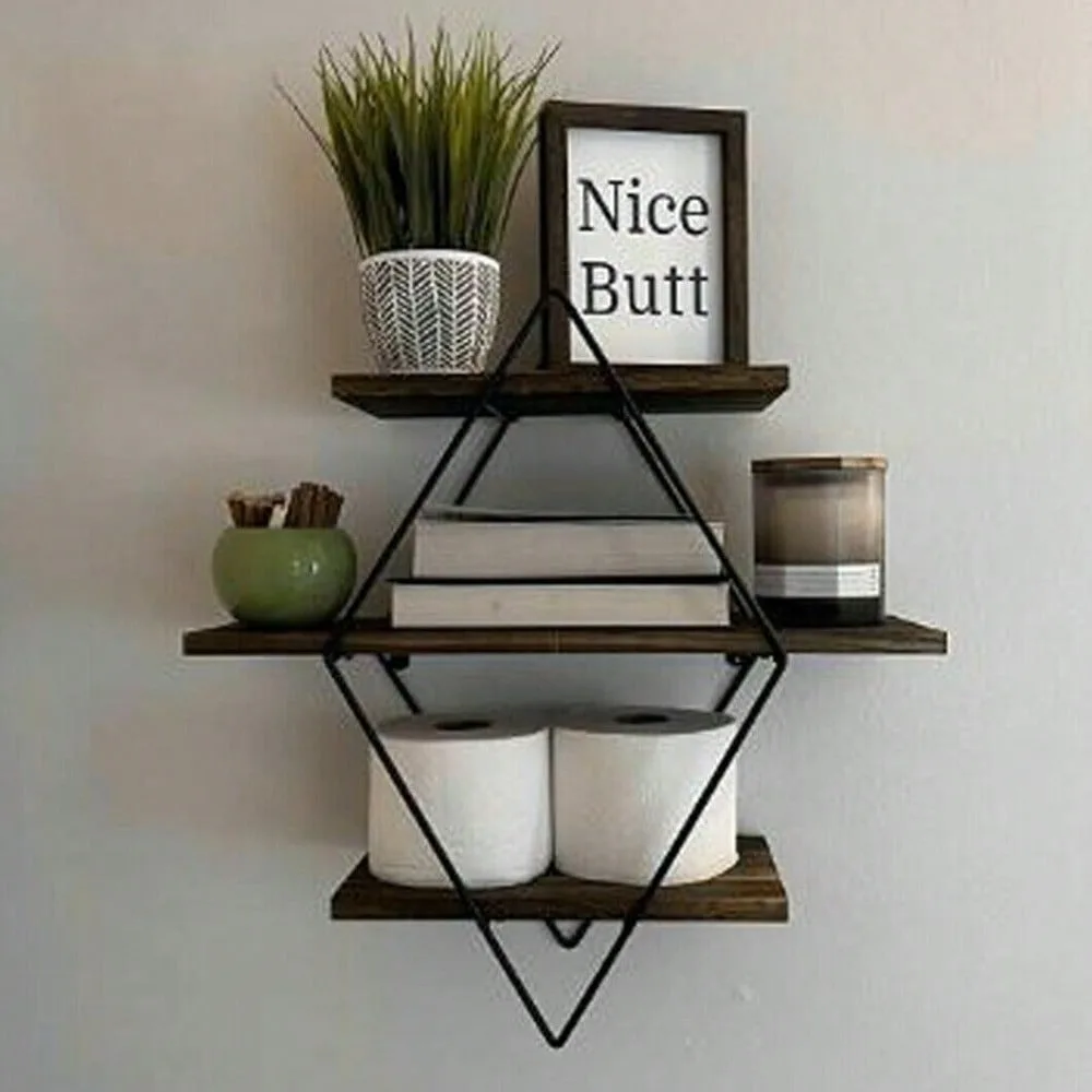 Diamond 3-tier Floating Shelves Metal Wall Shelf Unit Wood Display Storage Rack